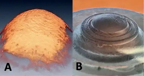 (A) Topografia superficiale della cornea trattata ottenuta tramite SD-OCT. (B) Primo piano dello stampo 3D utilizzato per realizzare la lente di rimodellamento - Credits: ACS Biomaterials Science & Engineering